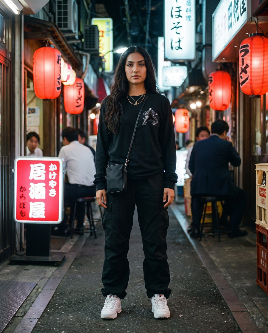 Backstep Samurai Long Sleeve T-Shirt — worn on a Tokyo street at night | NINJA TYO
