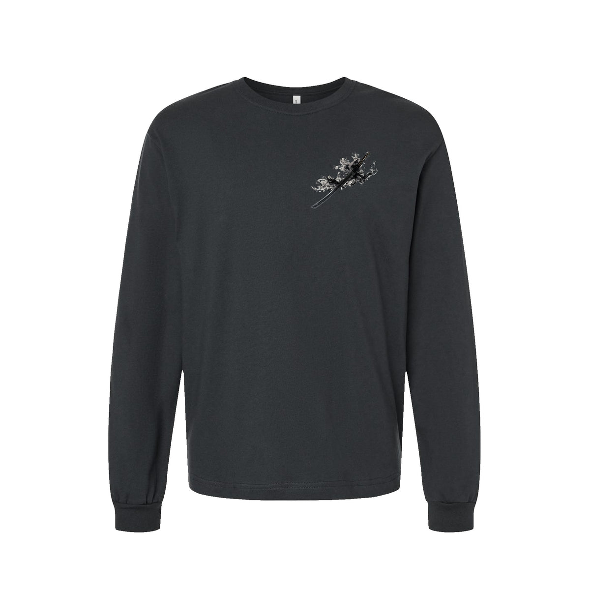 Black Flame Katana long sleeve t-shirt in Dark Grey — front flat lay