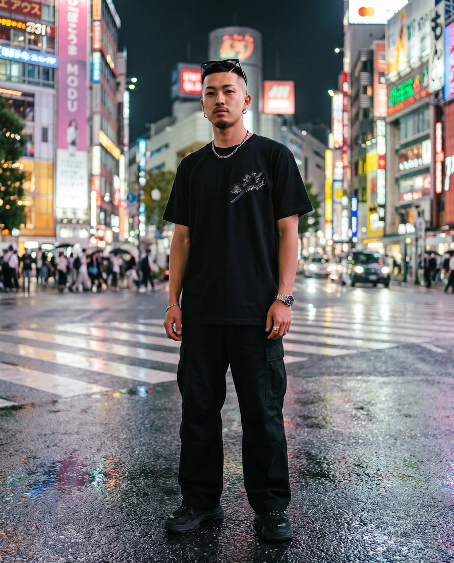 Black Flame Katana Graphic T-Shirt — worn on a Tokyo street at night | NINJA TYO