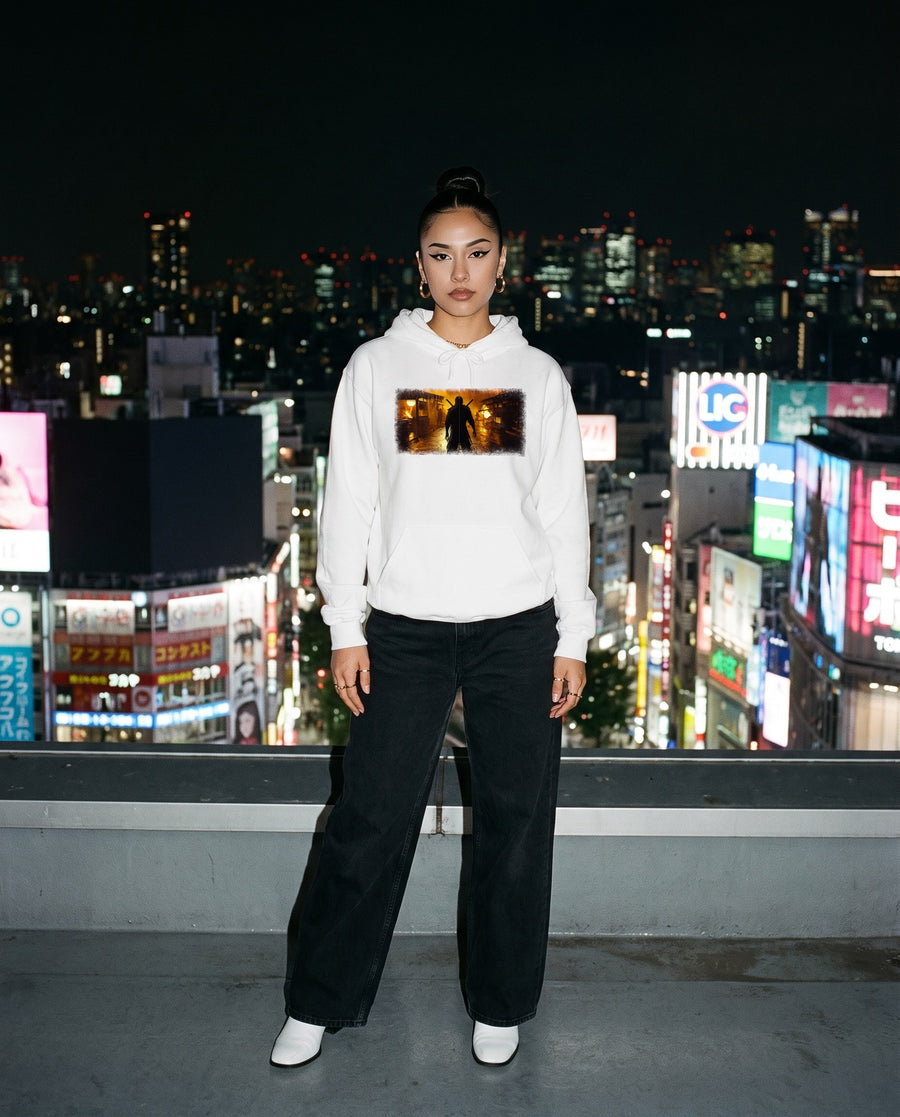 Dual Katana Ronin Graphic Hoodie — worn on a Tokyo street at night | NINJA TYO
