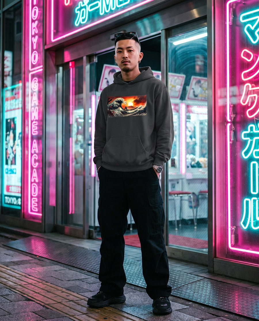 Great Wave of Kanagawa Graphic Hoodie — worn on a Tokyo street at night | NINJA TYO