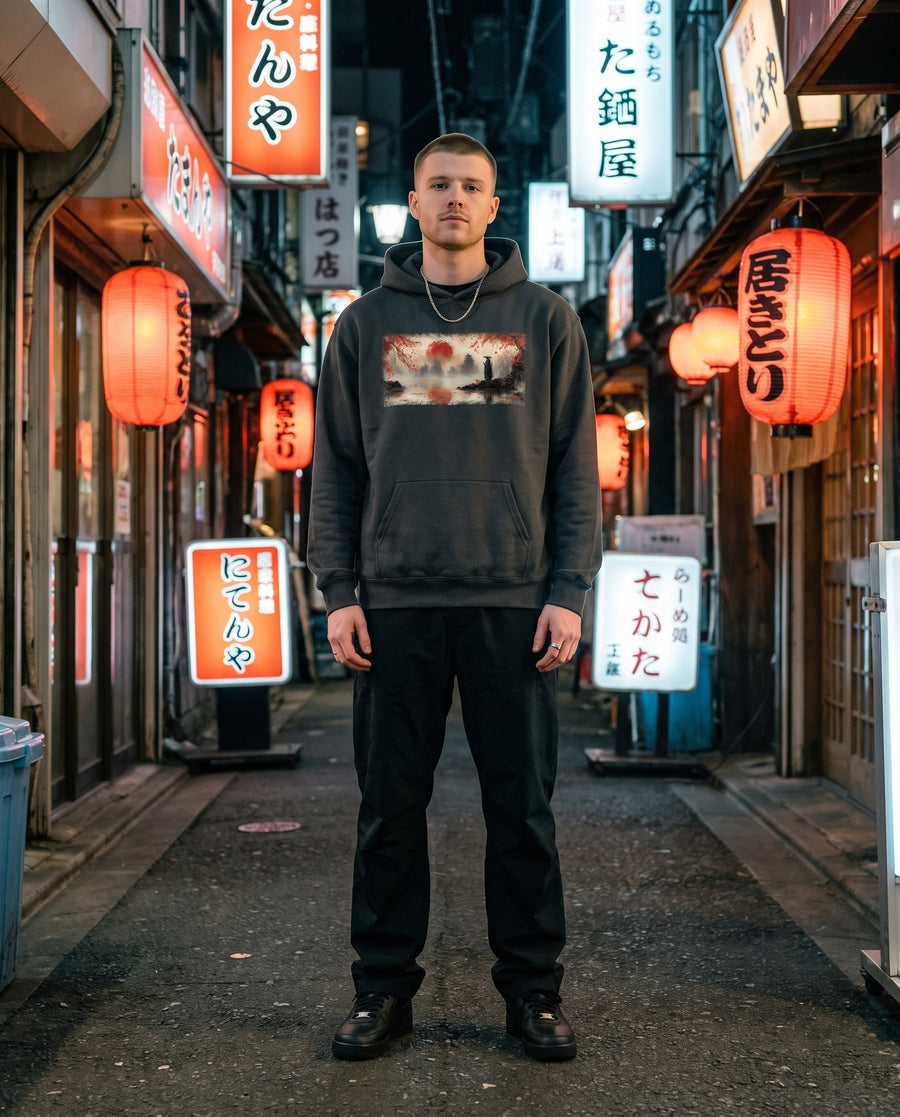 Hinomaru Ronin Graphic Hoodie — worn on a Tokyo street at night | NINJA TYO