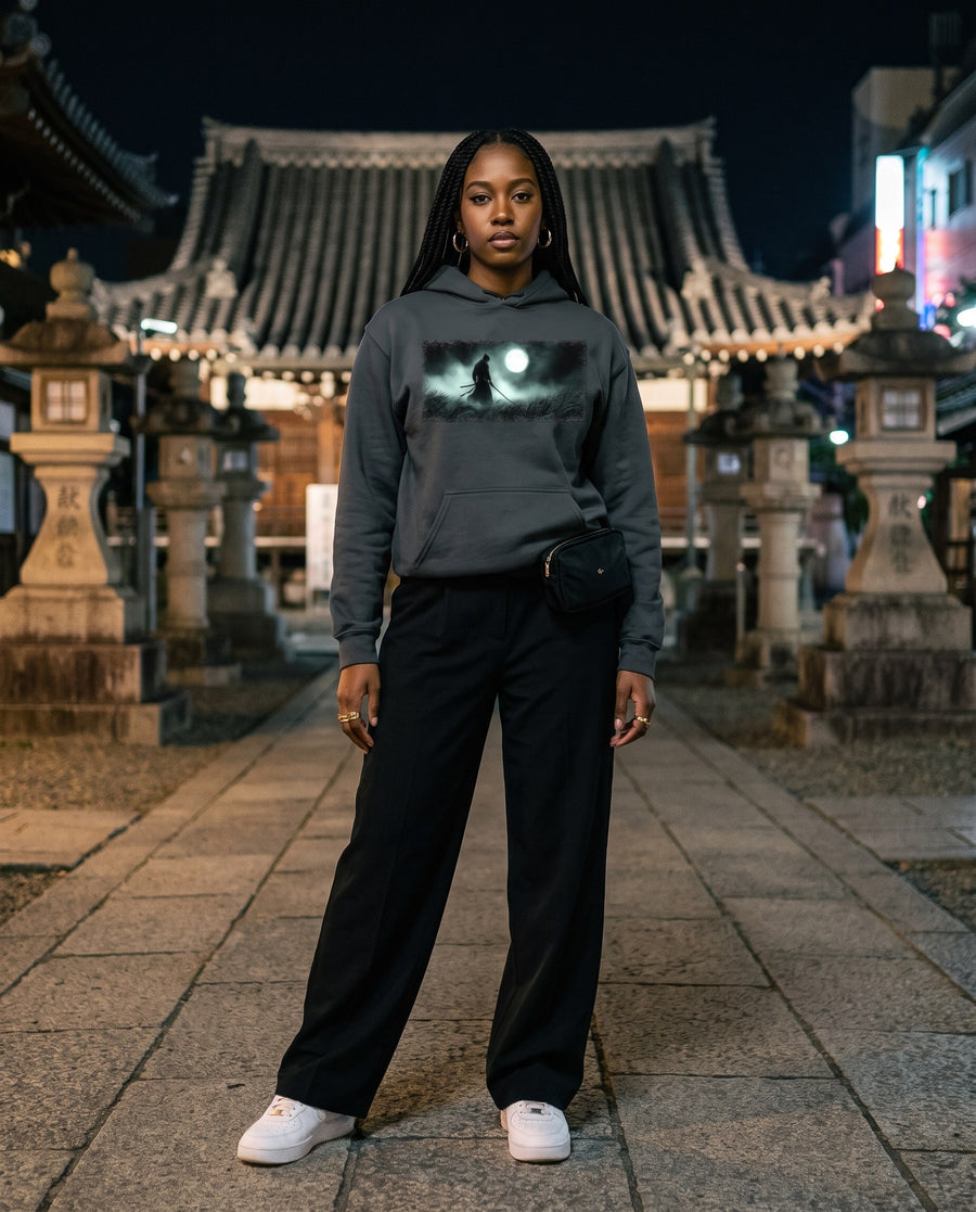 Moonlight Samurai Graphic Hoodie — worn on a Tokyo street at night | NINJA TYO