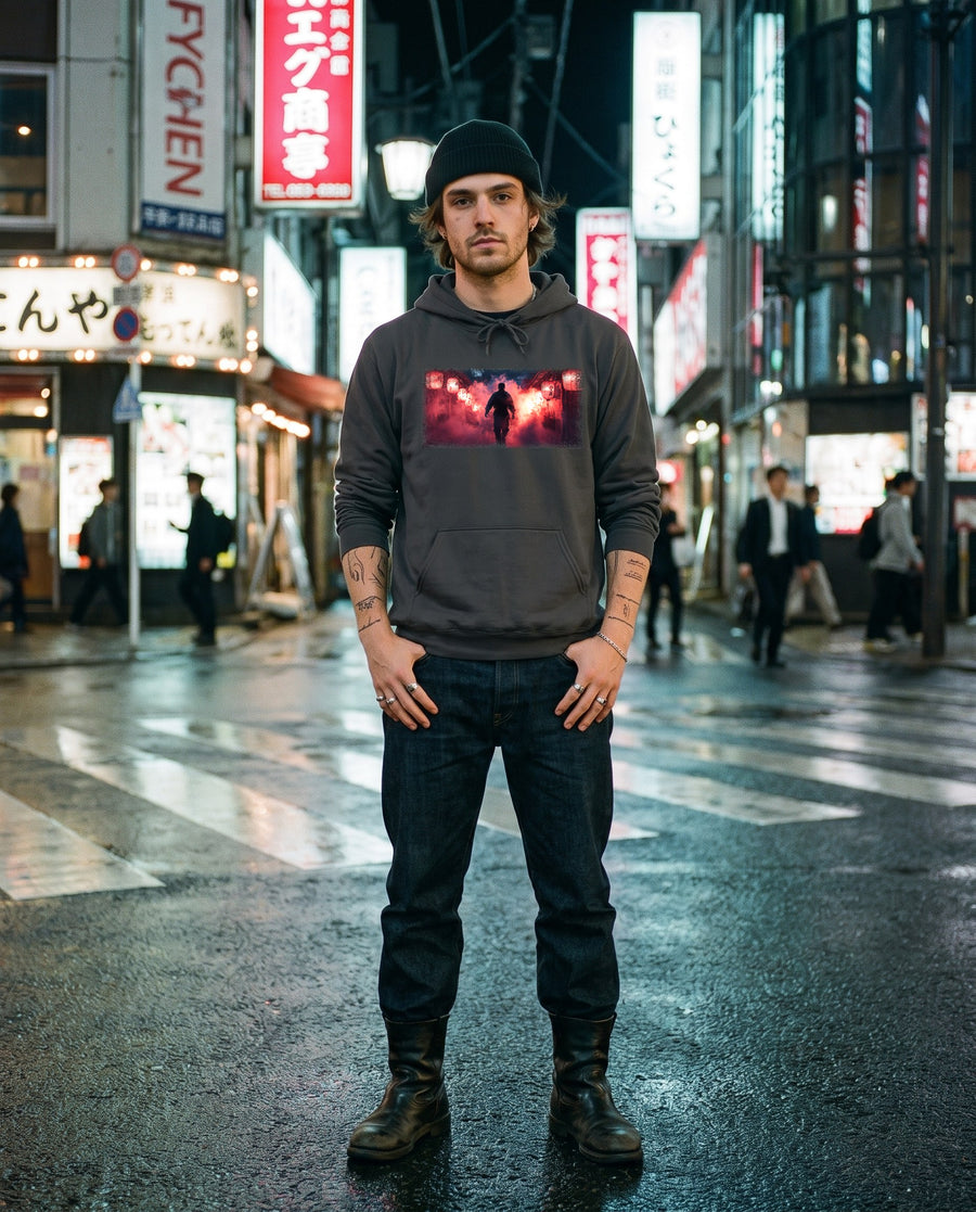 Smoke Bomb Ninja Graphic Hoodie — worn on a Tokyo street at night | NINJA TYO