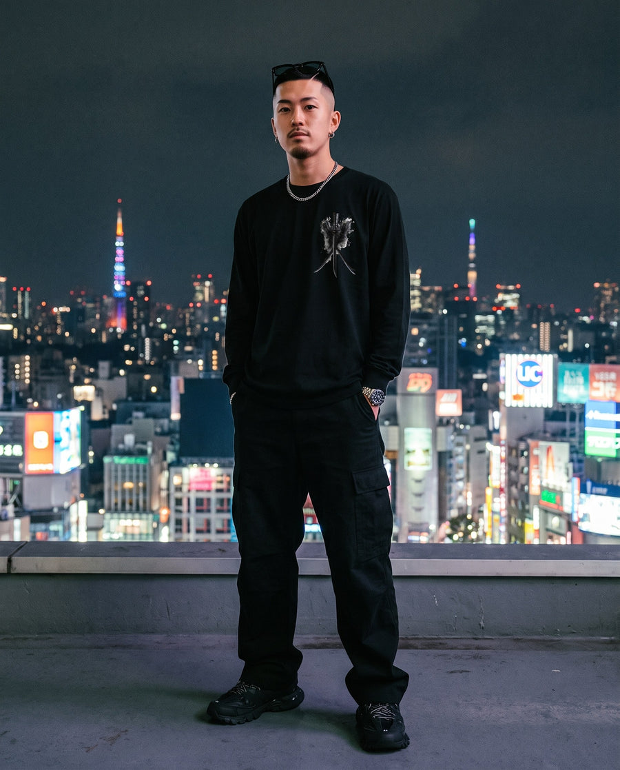 Three Blades Katana Long Sleeve T-Shirt — worn on a Tokyo street at night | NINJA TYO