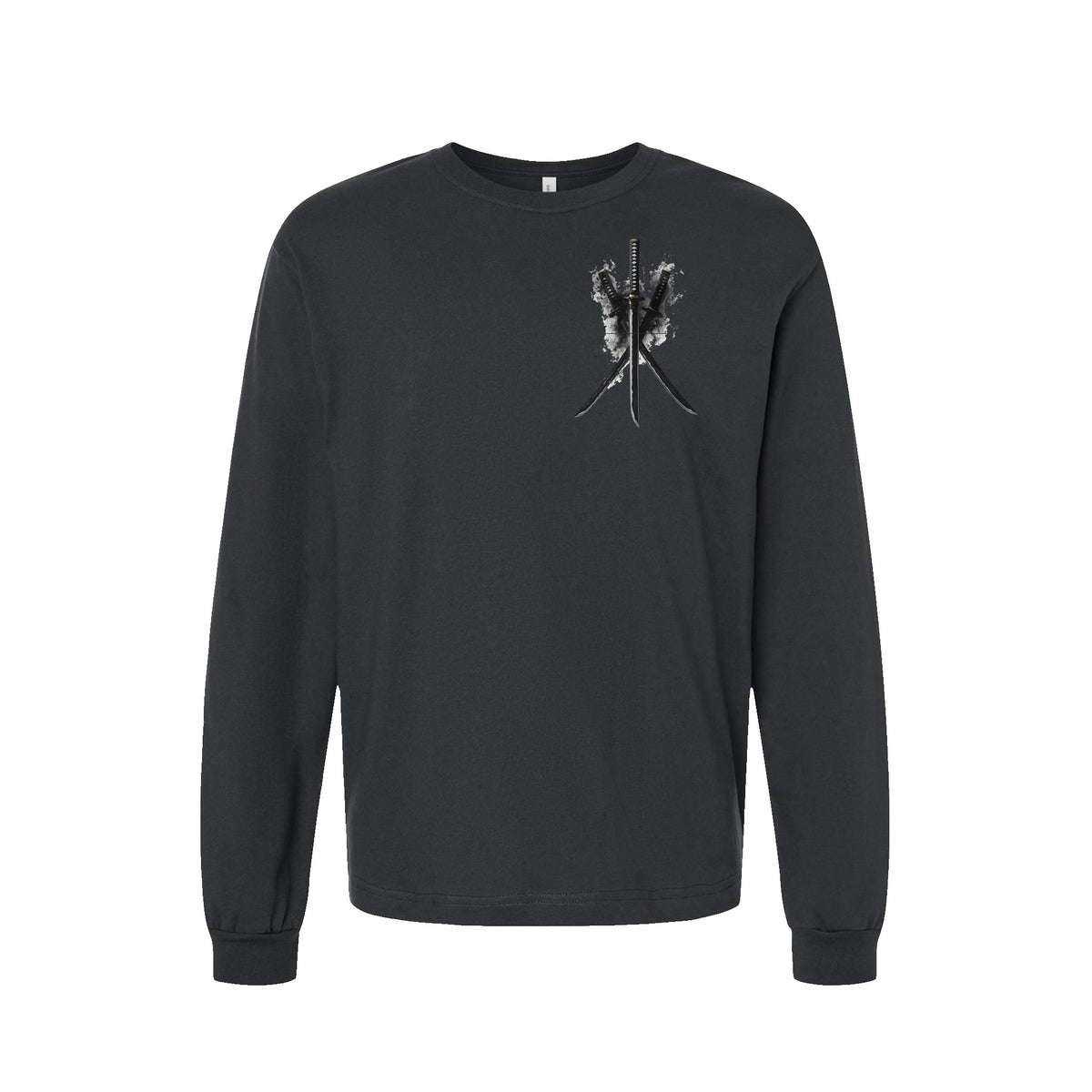 Three Blades Katana long sleeve t-shirt in Dark Grey — front flat lay