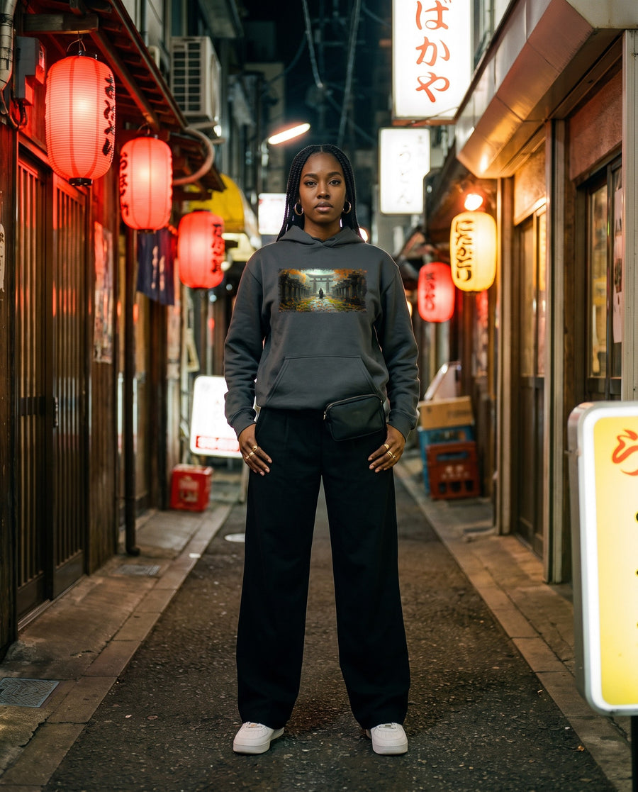 Torii Gate Ronin Graphic Hoodie — worn on a Tokyo street at night | NINJA TYO