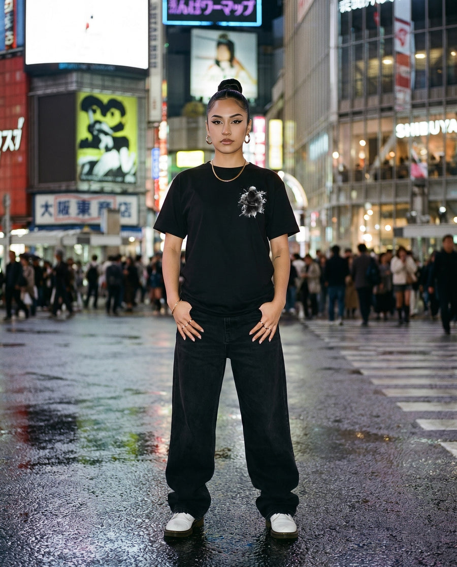 Unsheathed Katana Graphic T-Shirt — worn on a Tokyo street at night | NINJA TYO