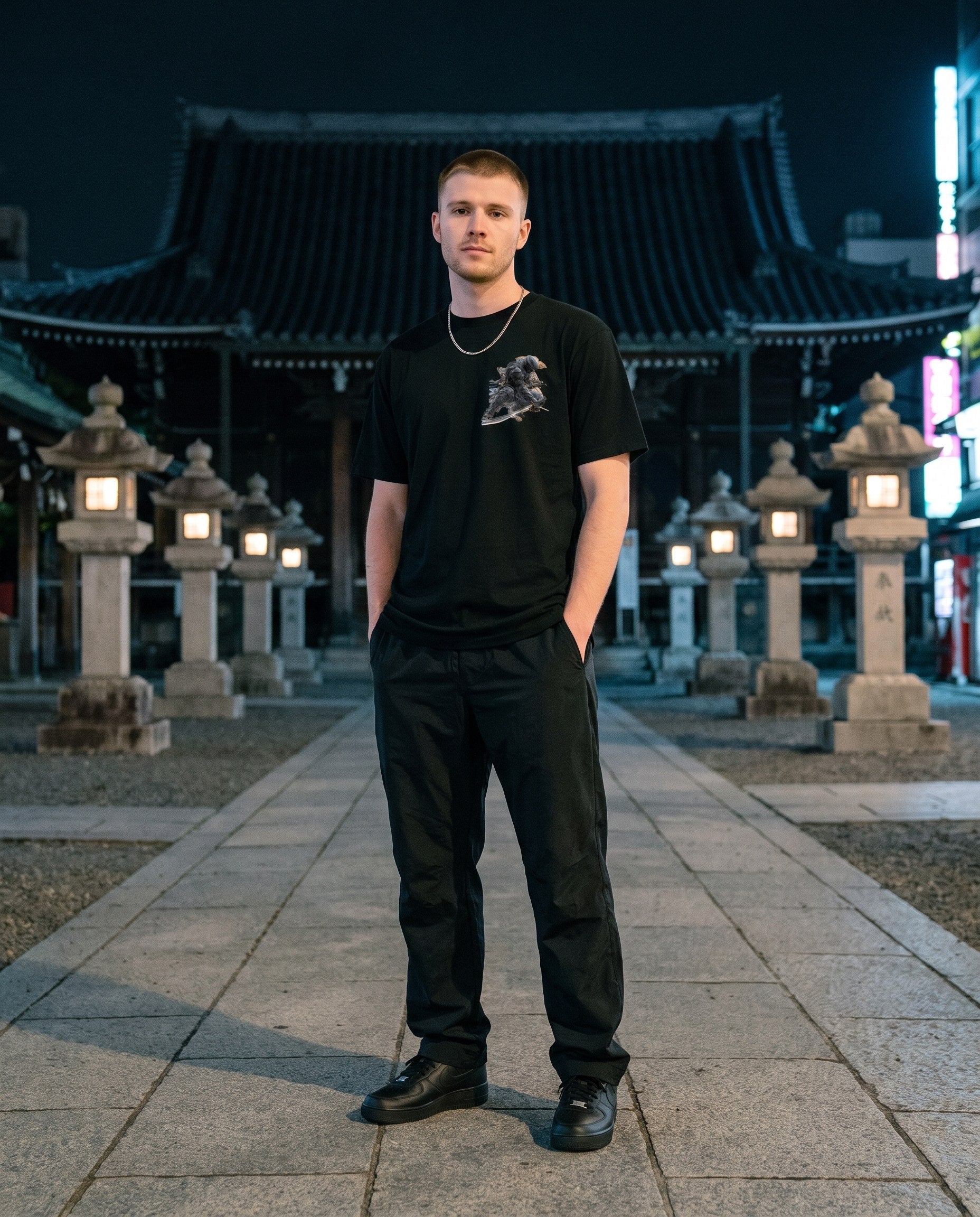 Armored Ninja Graphic T-Shirt — worn on a Tokyo street at night | NINJA TYO