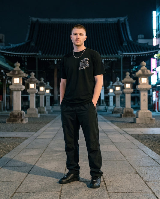 Armored Ninja Graphic T-Shirt — worn on a Tokyo street at night | NINJA TYO