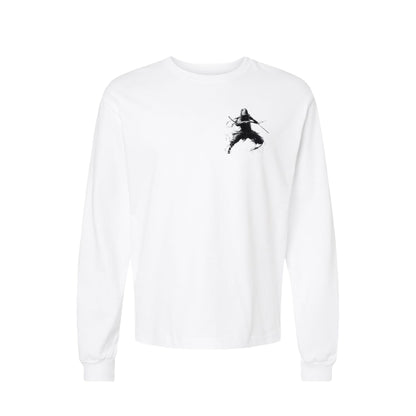 Backstep Samurai long sleeve t-shirt in White — front flat lay