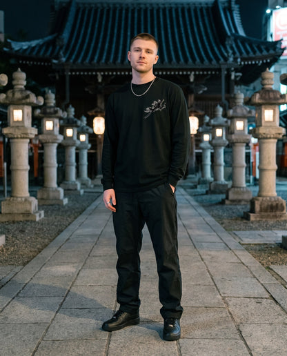 Black Flame Katana Long Sleeve T-Shirt — worn on a Tokyo street at night | NINJA TYO