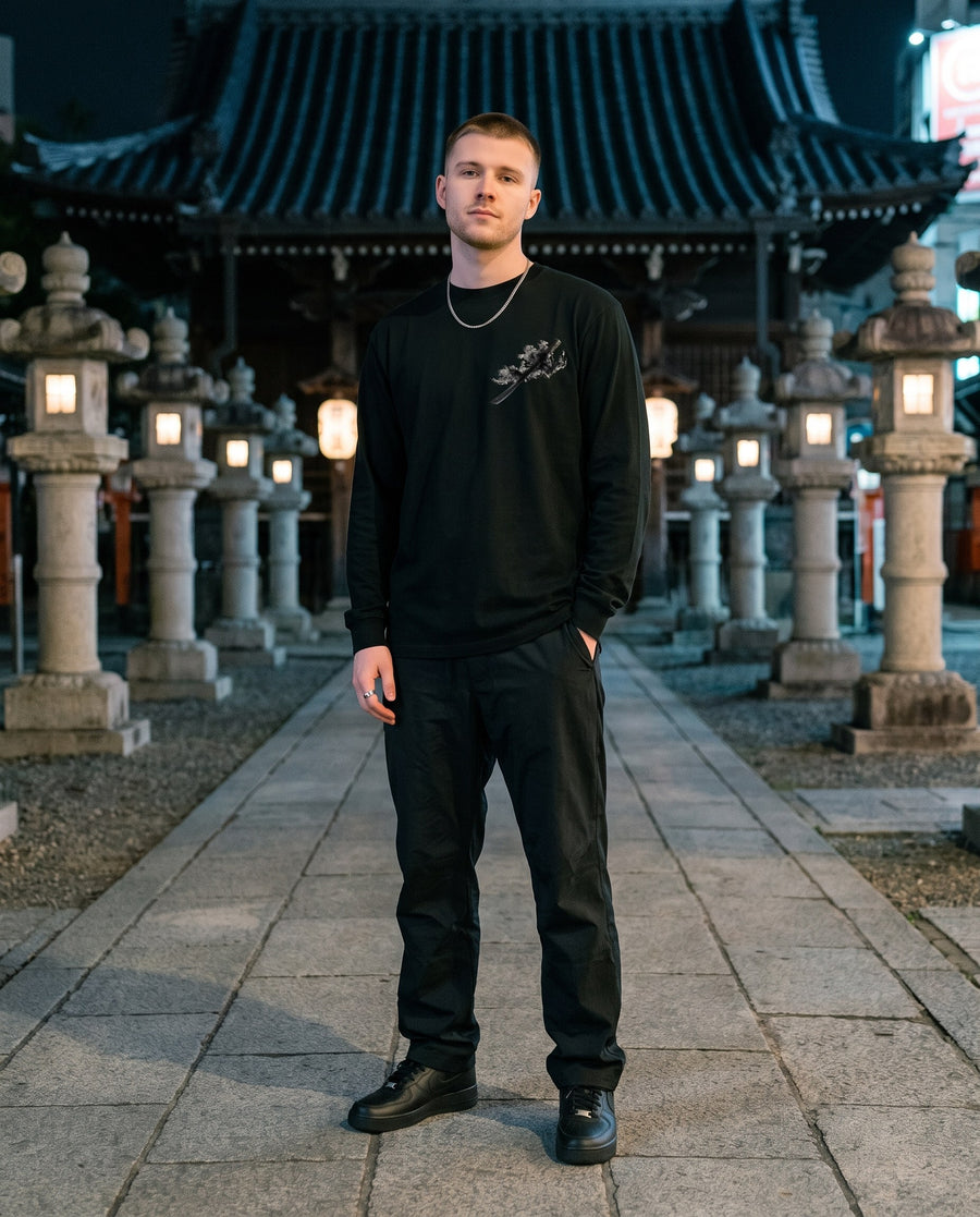 Black Flame Katana Long Sleeve T-Shirt — worn on a Tokyo street at night | NINJA TYO