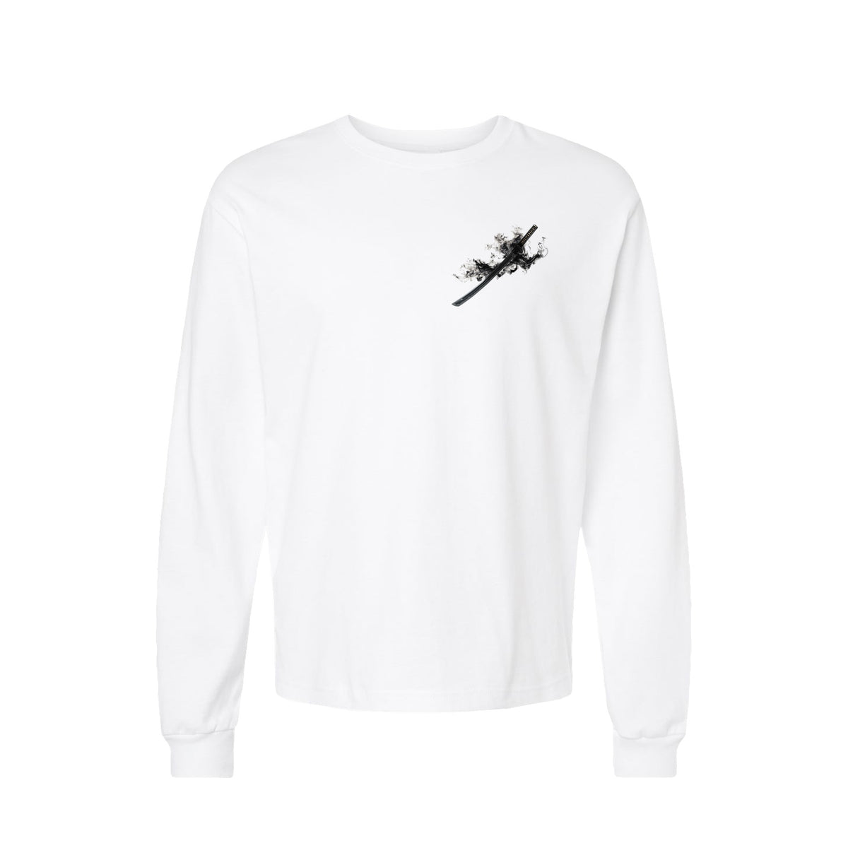 Black Flame Katana long sleeve t-shirt in White — front flat lay