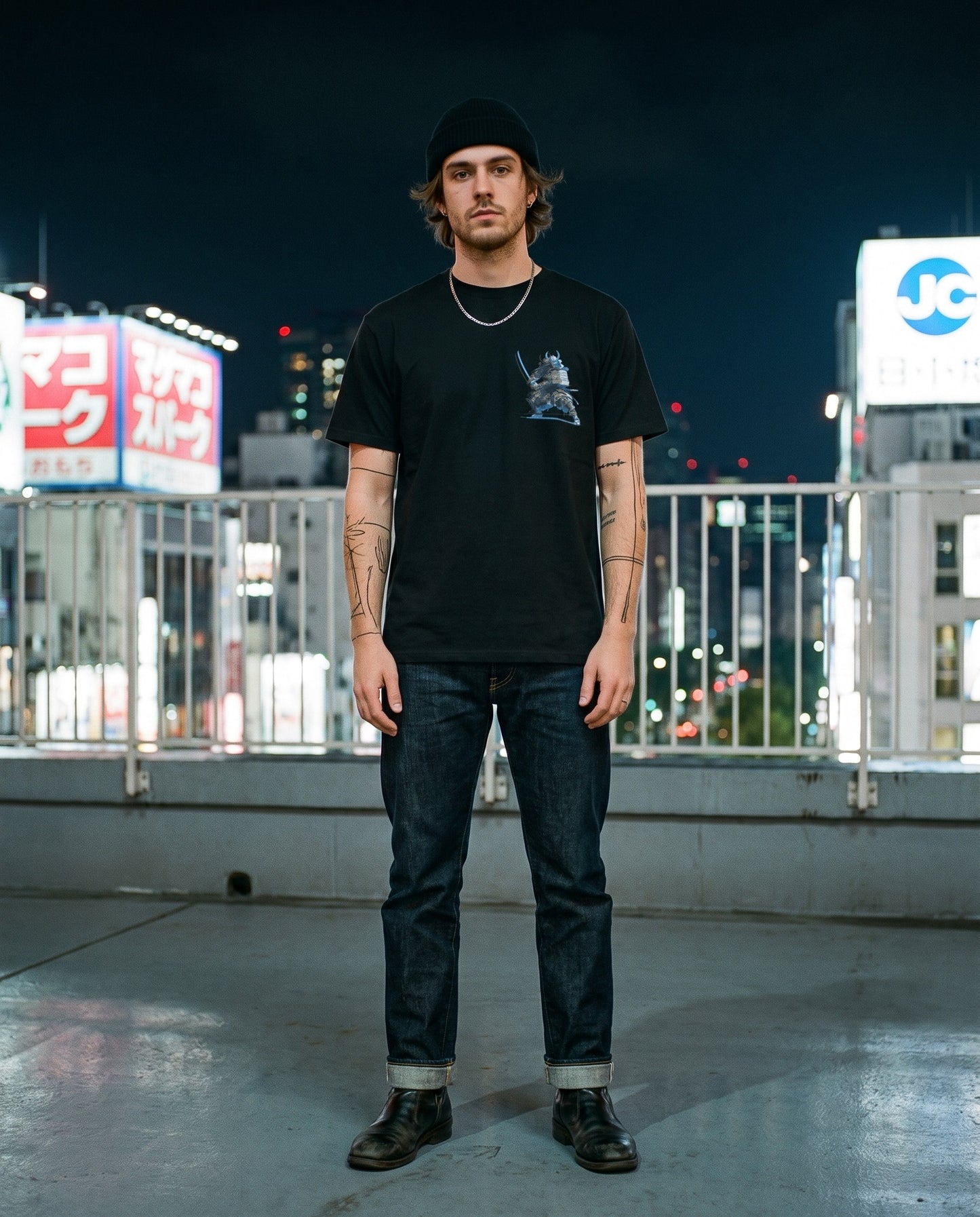 Combat Ready Samurai Graphic T-Shirt — worn on a Tokyo street at night | NINJA TYO