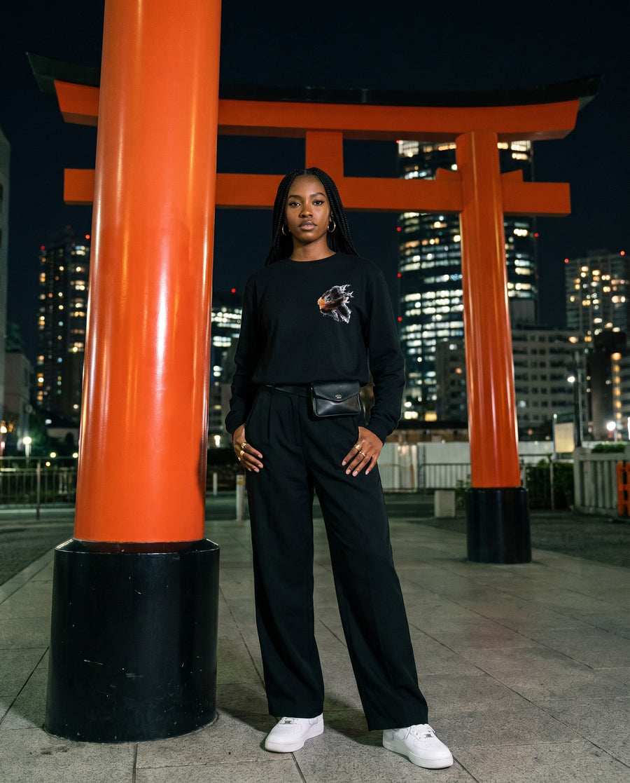 Fire Release Ninja Long Sleeve T-Shirt — worn on a Tokyo street at night | NINJA TYO