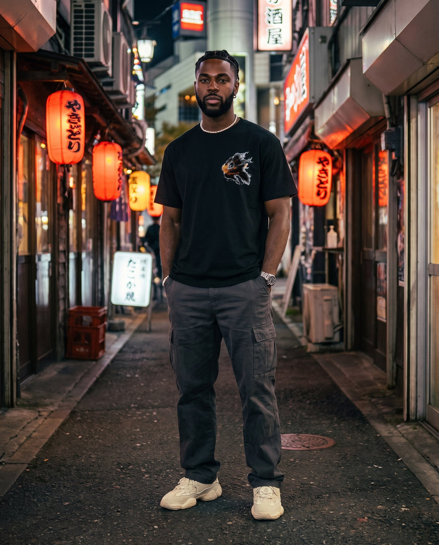 Fire Release Ninja Graphic T-Shirt — worn on a Tokyo street at night | NINJA TYO