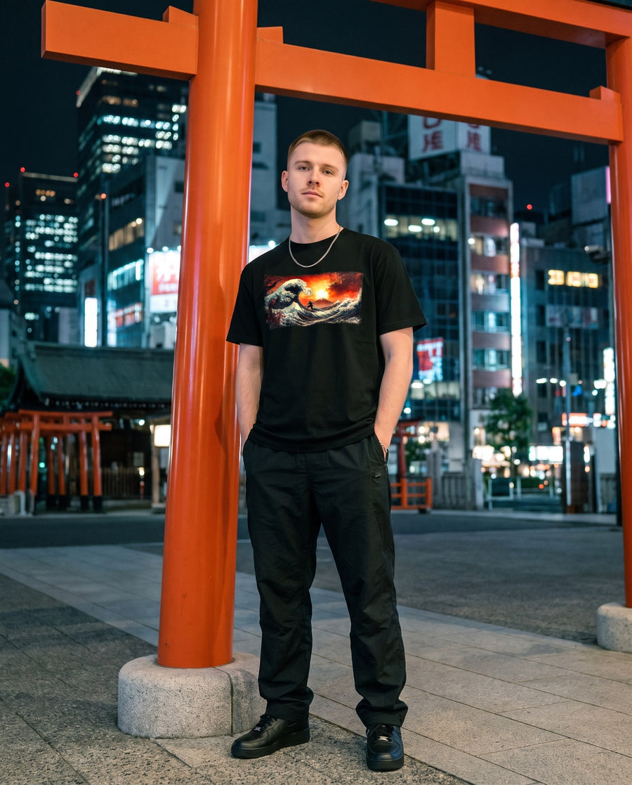 Great Wave of Kanagawa Graphic T-Shirt — worn on a Tokyo street at night | NINJA TYO