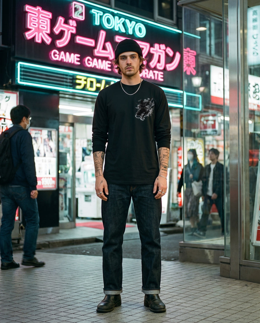Jump Slash Samurai Long Sleeve T-Shirt — worn on a Tokyo street at night | NINJA TYO
