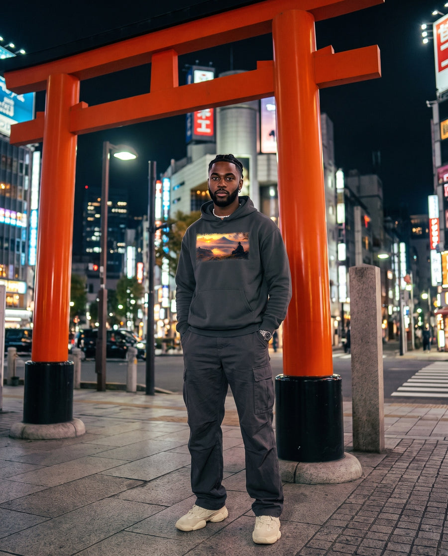 Mt. Fuji Sunset Ronin Graphic Hoodie — worn on a Tokyo street at night | NINJA TYO