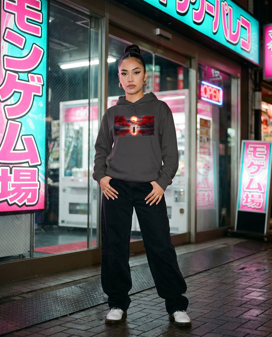 Red Moon Ronin Graphic Hoodie — worn on a Tokyo street at night | NINJA TYO