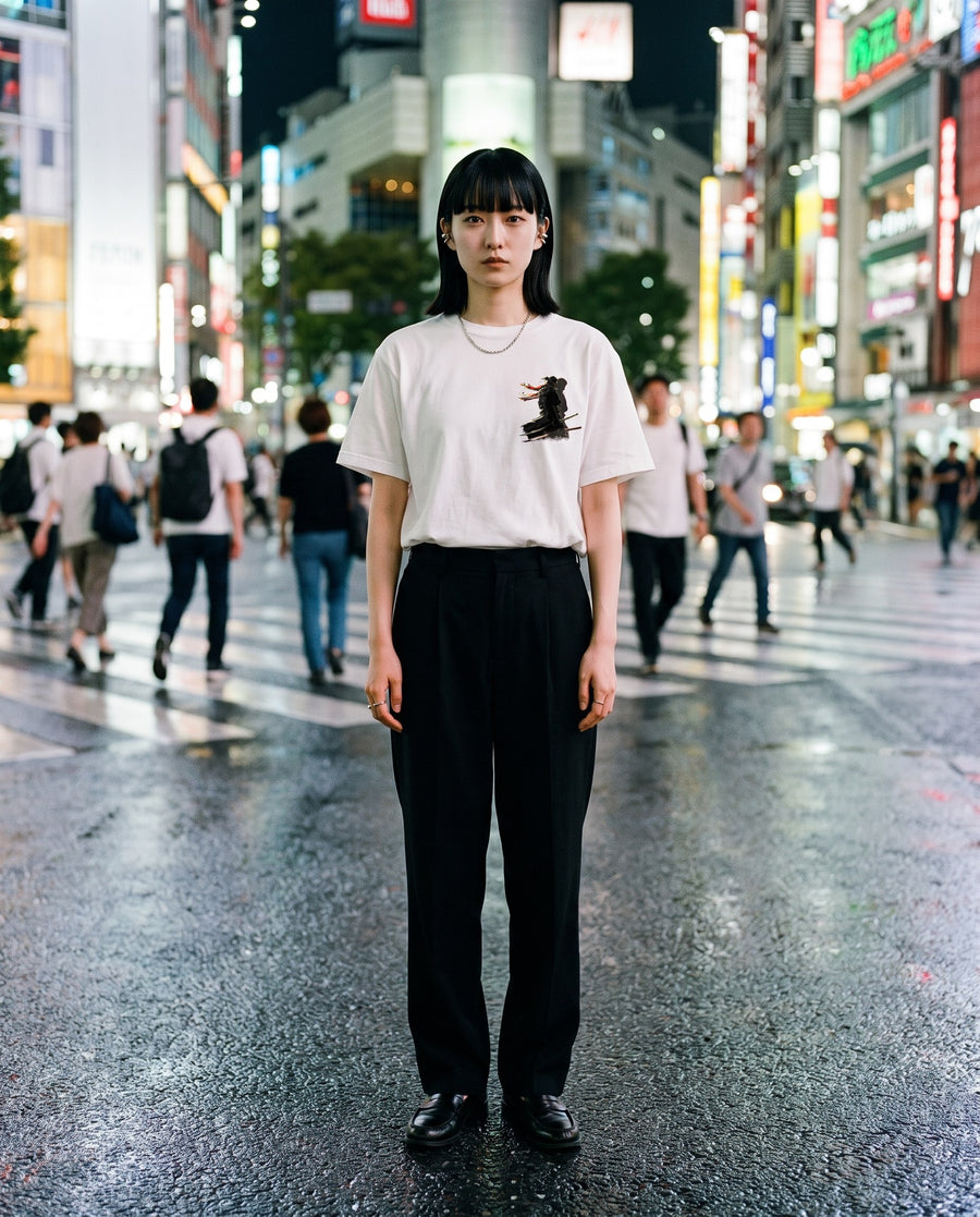 Red Scarf Ronin Graphic T-Shirt — worn on a Tokyo street at night | NINJA TYO