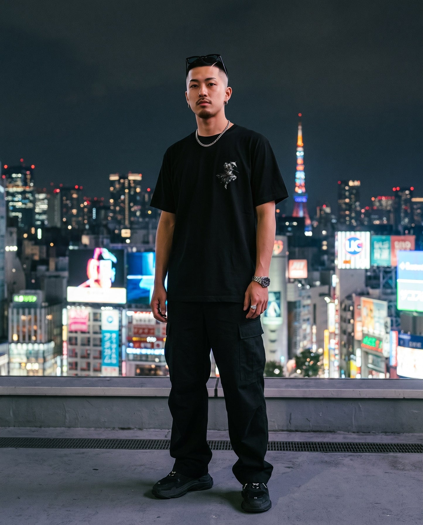 Ronin Jump Samurai Graphic T-Shirt — worn on a Tokyo street at night | NINJA TYO