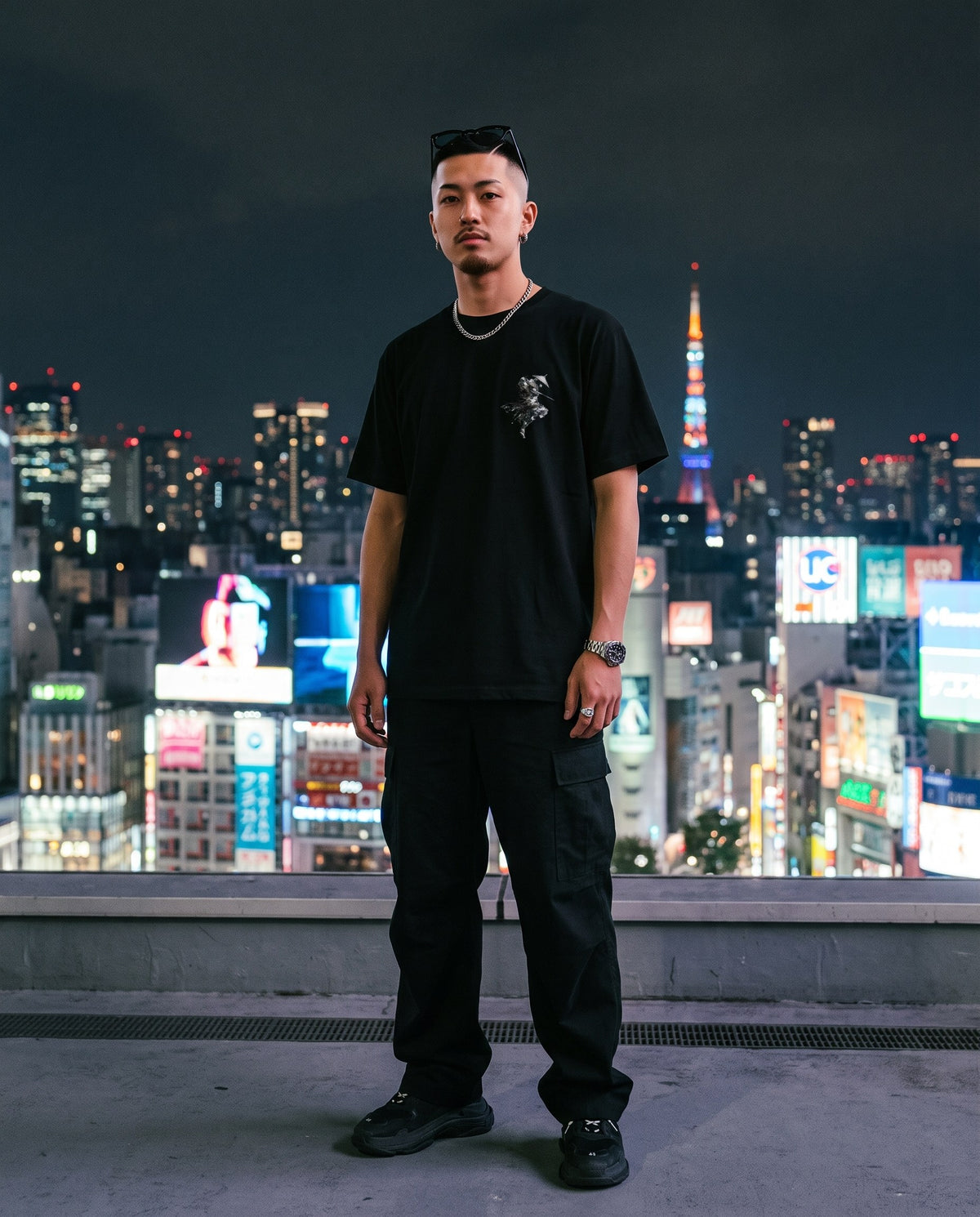 Ronin Jump Samurai Graphic T-Shirt — worn on a Tokyo street at night | NINJA TYO