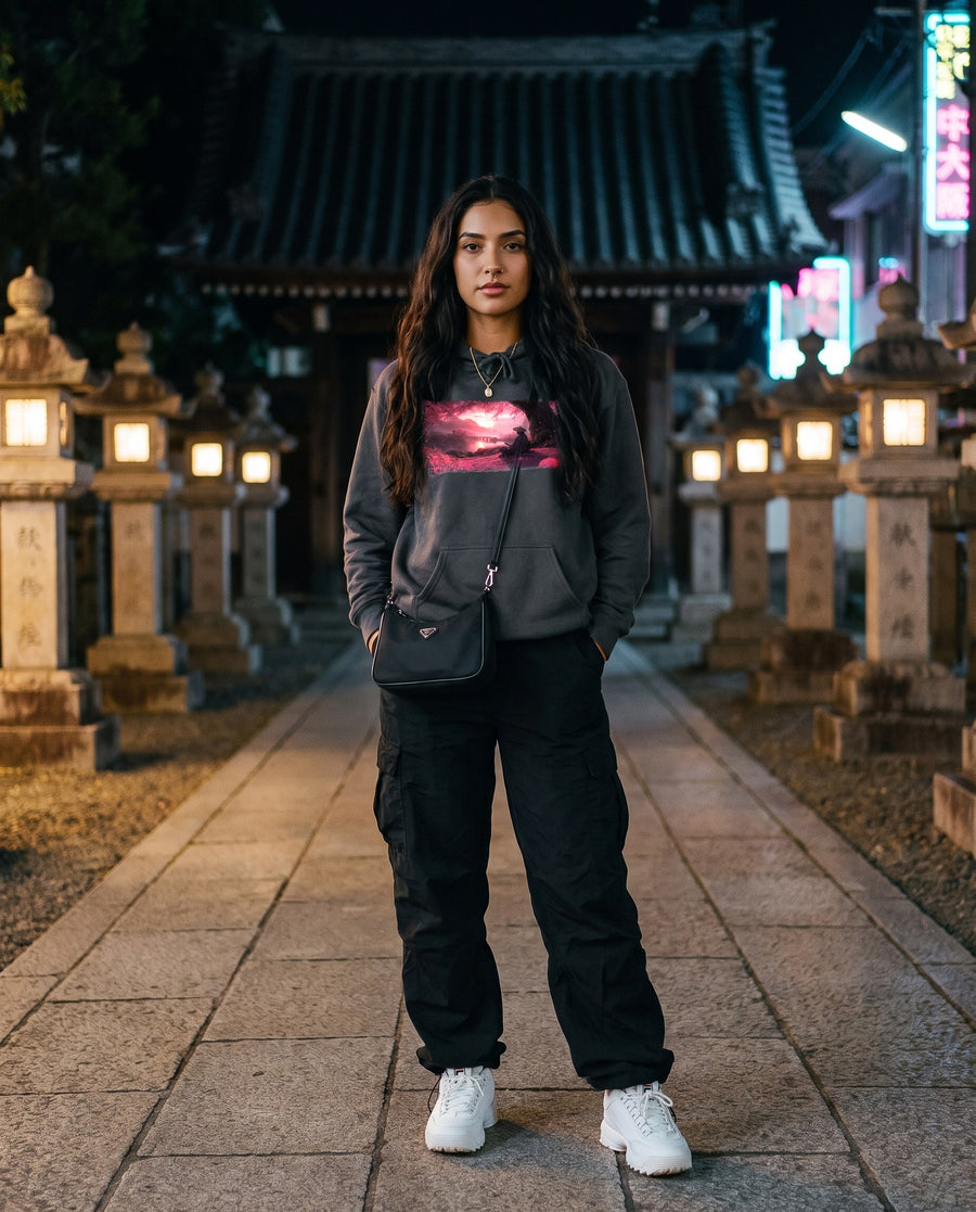 Sakura Sunset Ronin Graphic Hoodie — worn on a Tokyo street at night | NINJA TYO