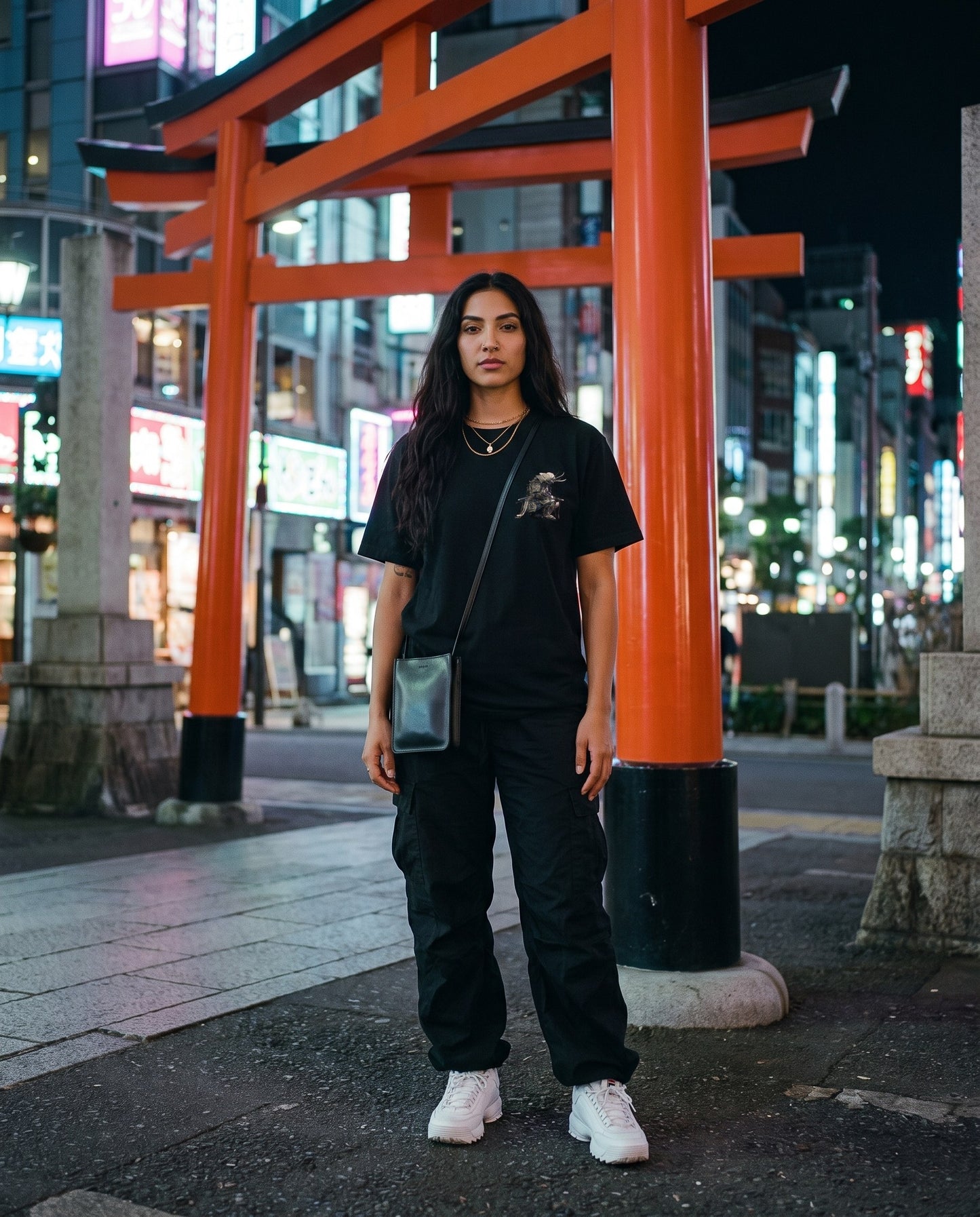 Serve Kneeling Samurai Graphic T-Shirt — worn on a Tokyo street at night | NINJA TYO