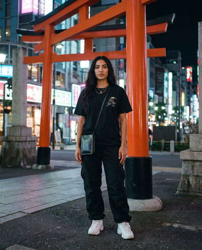 Serve Kneeling Samurai Graphic T-Shirt — worn on a Tokyo street at night | NINJA TYO