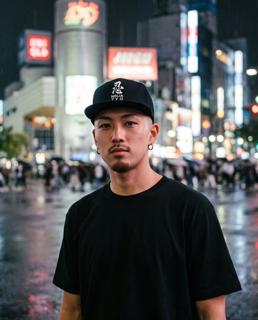 Shinobi Kanji Embroidered Snapback in Black worn at Shibuya Crossing at night | NINJA TYO
