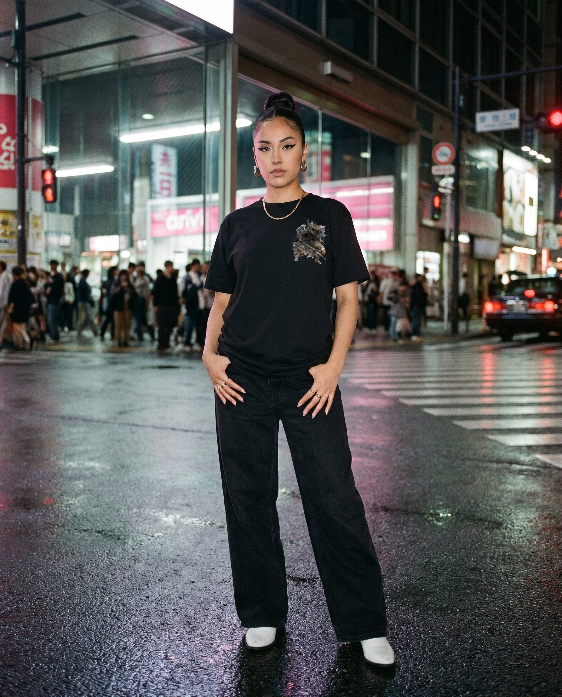 Straw Hat Ronin Graphic T-Shirt — worn on a Tokyo street at night | NINJA TYO
