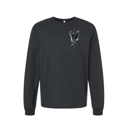 Three Blades Katana long sleeve t-shirt in Dark Grey — front flat lay