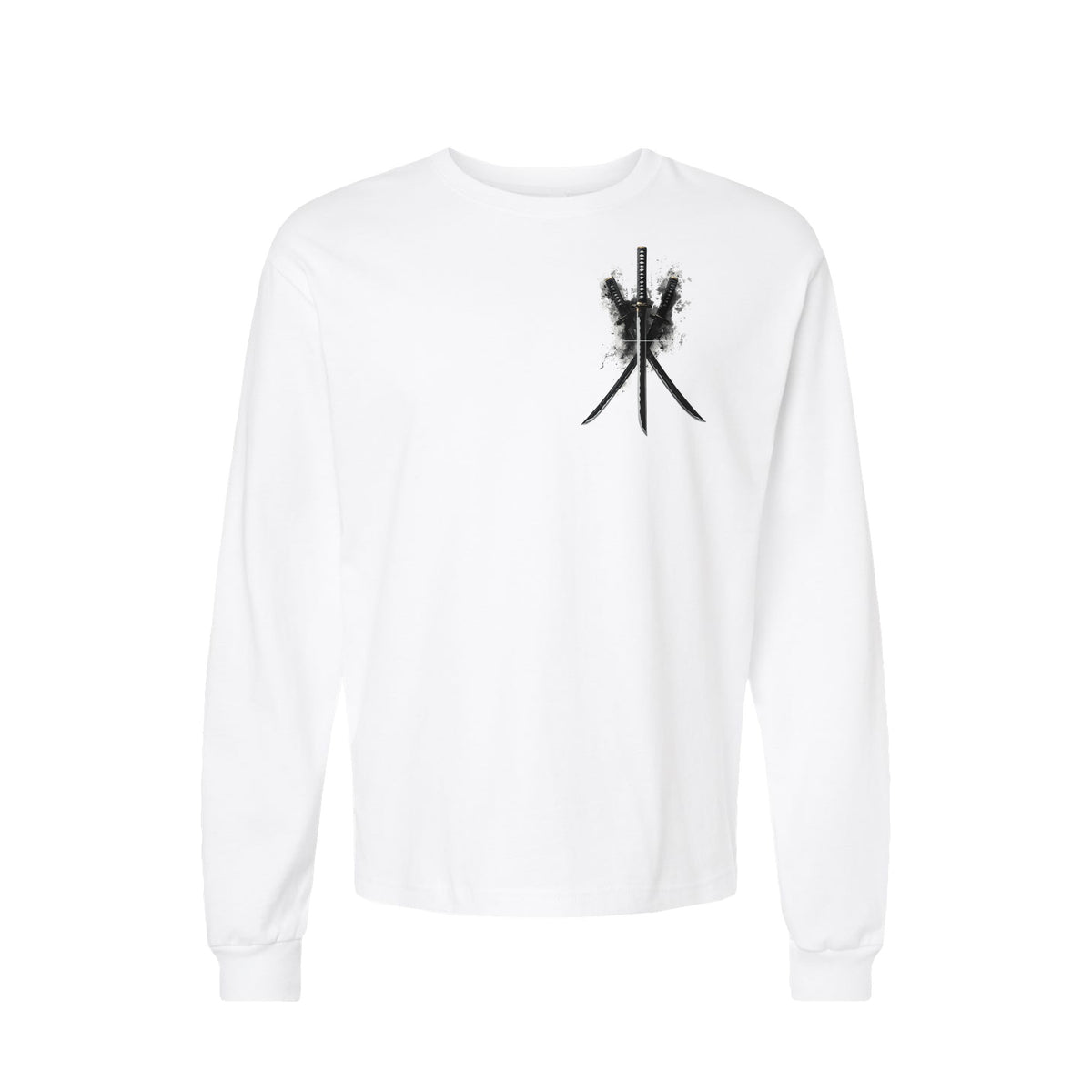 Three Blades Katana long sleeve t-shirt in White — front flat lay