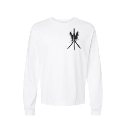 Three Blades Katana long sleeve t-shirt in White — front flat lay