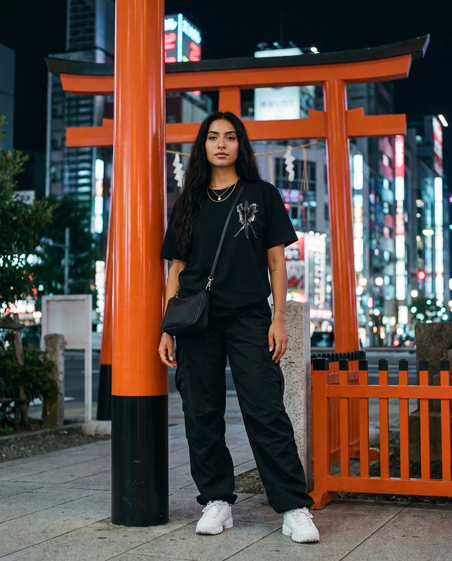 Three Blades Katana Graphic T-Shirt — worn on a Tokyo street at night | NINJA TYO