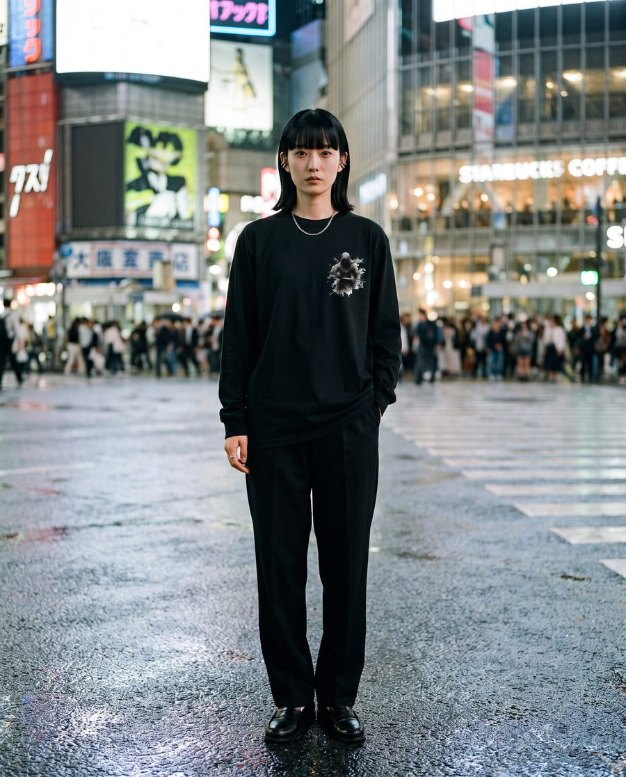 Unsheathed Katana Long Sleeve T-Shirt — worn on a Tokyo street at night | NINJA TYO