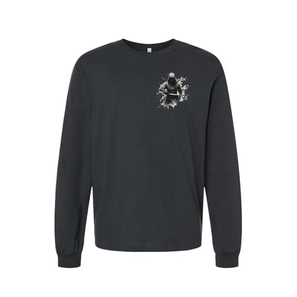 Unsheathed Katana long sleeve t-shirt in Dark Grey — front flat lay