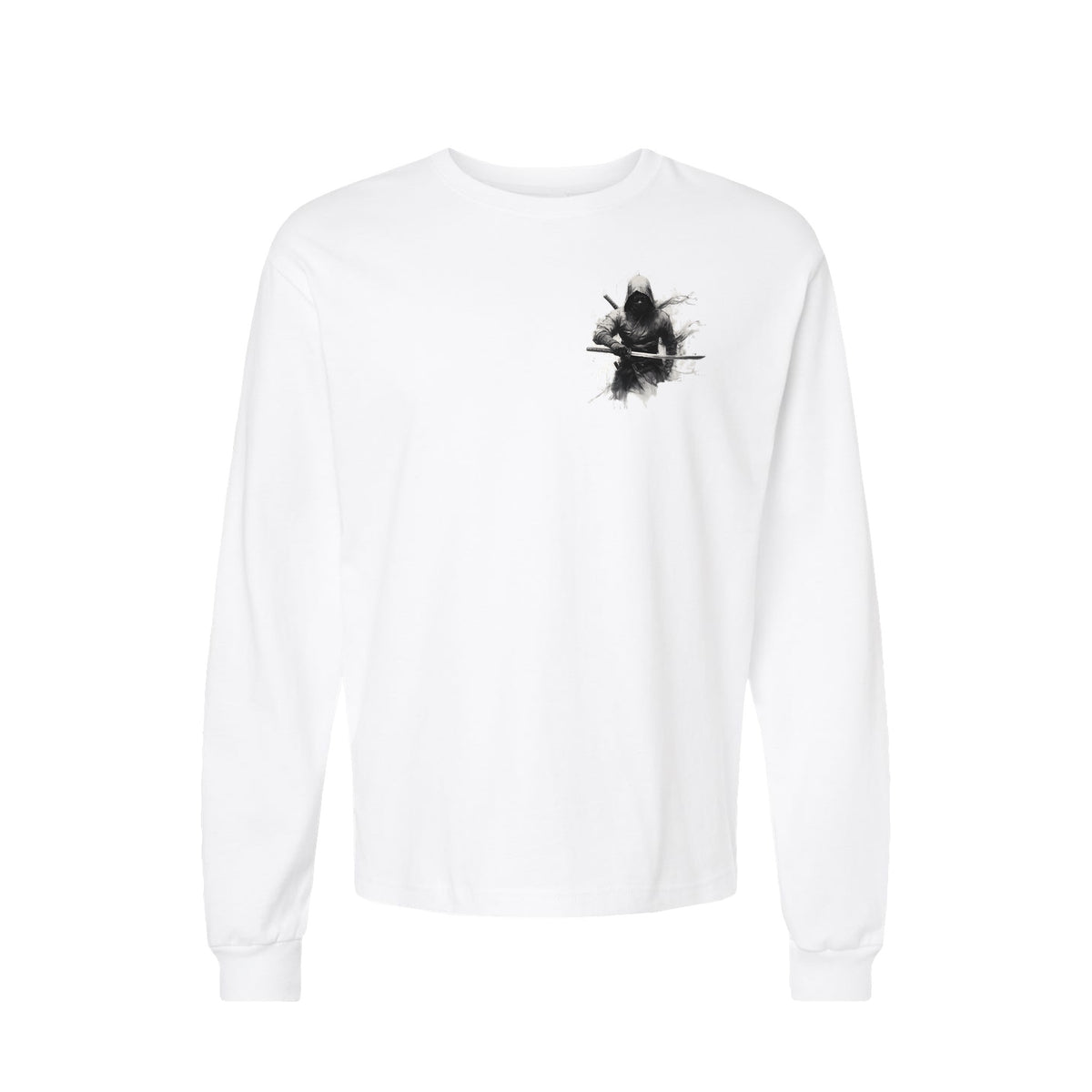 Unsheathed Katana long sleeve t-shirt in White — front flat lay