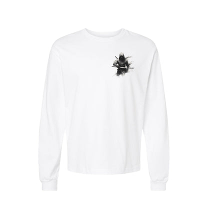 Unsheathed Katana long sleeve t-shirt in White — front flat lay